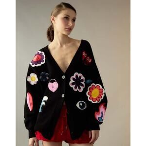Cynthia Rowley Patchwork Appliqué Cardigan Black Novelty Knit Sweater Size XS